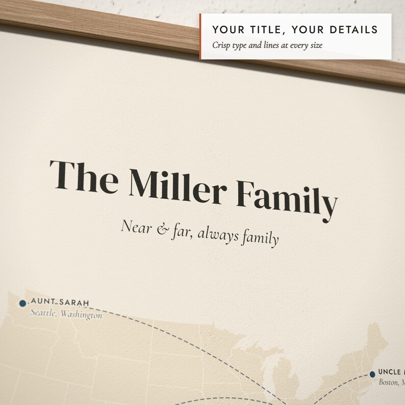 Close-up of the personalized title and details on the Family Near & Far Map print