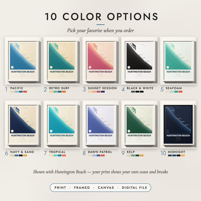 The Surf Break Map in all 10 color options, numbered 1 to 10 with their names