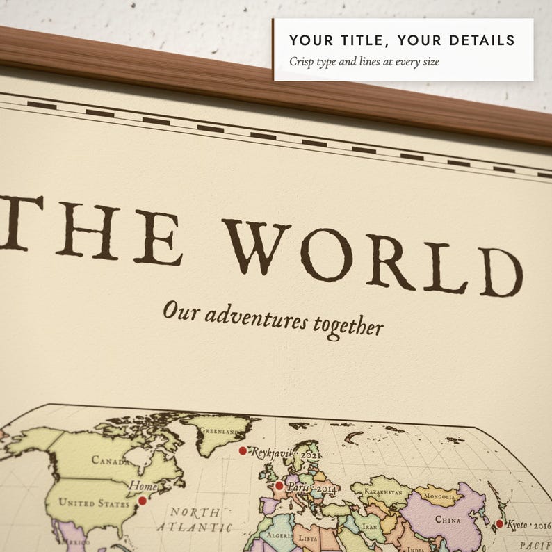 Close-up of the personalized title and details on the Antique World Map print