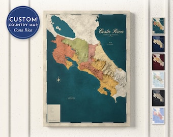 Costa Rica Map Print, Personalized Costa Rica Wall Art for Canvas or Poster, Detailed Map with Cities, Costa Rican Gift, Framed or Canvas