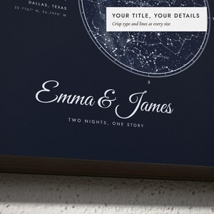 Close-up of the personalized title and details on the Two Skies Star Map print