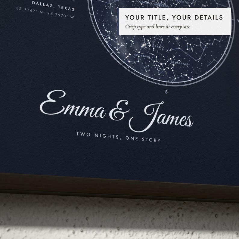 Close-up of the personalized title and details on the Two Skies Star Map print