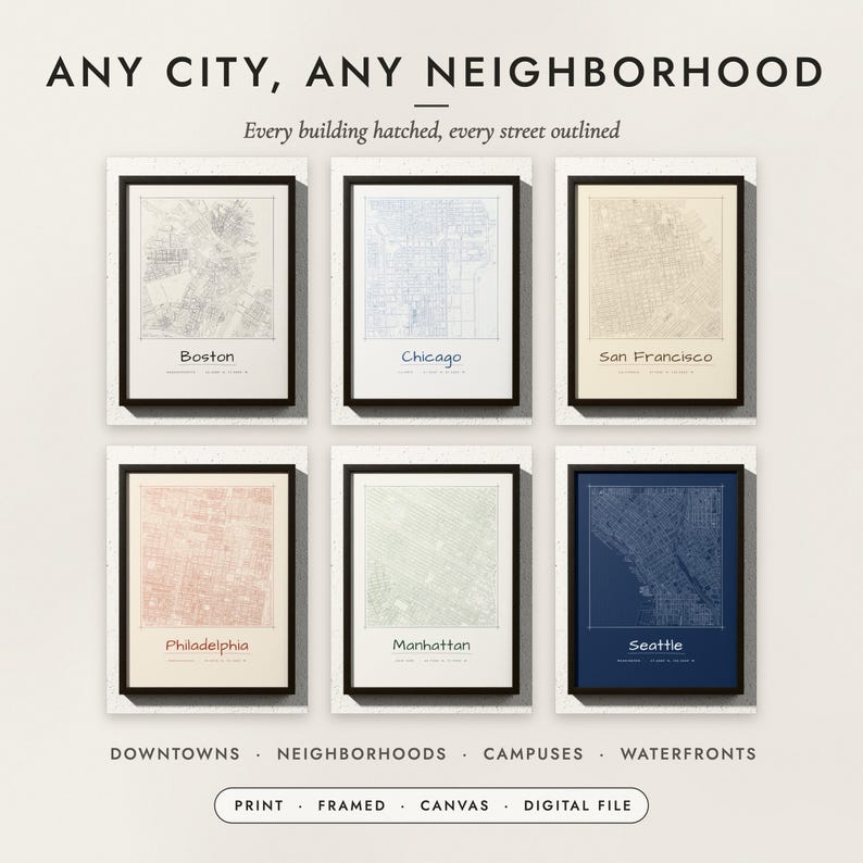 Pencil Sketch City Map examples for six cities