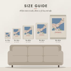Size guide: 8×10, 12×16, 16×20, 18×24, 24×36 inch prints shown to scale above a sofa