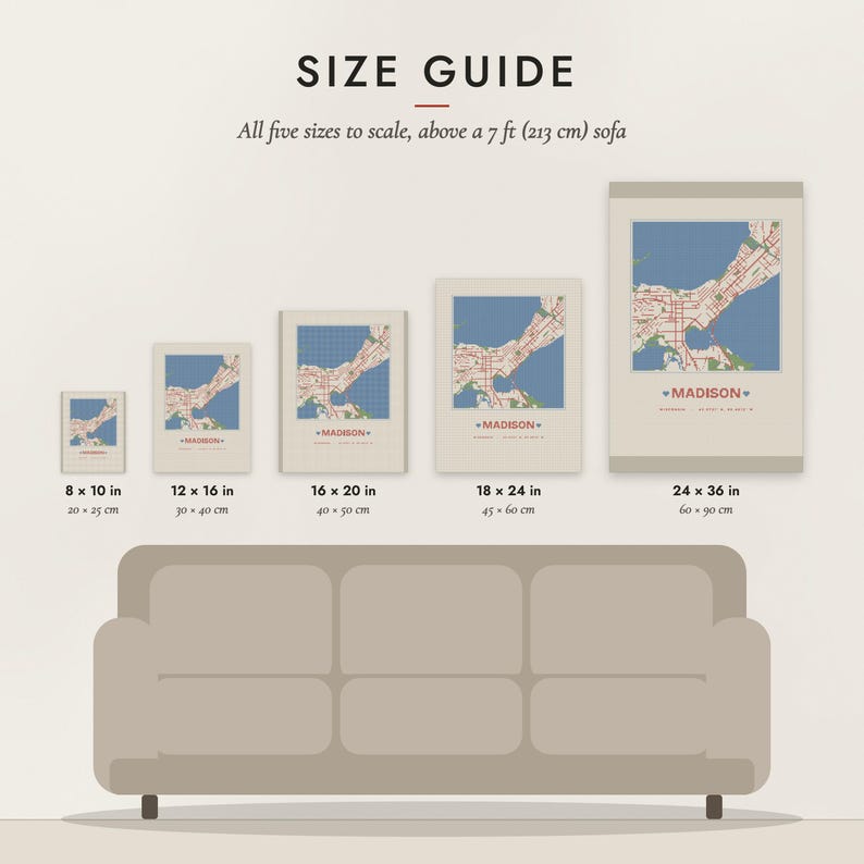 Size guide: 8×10, 12×16, 16×20, 18×24, 24×36 inch prints shown to scale above a sofa