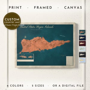 United States Virgin Islands Map Print, Personalized Country Wall Art, Heritage Gift, Framed, Canvas or Digital