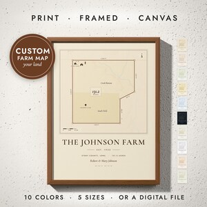 Farm & Land Map print in a walnut frame on a white wall — print, framed, canvas or digital file, 10 colors, 5 sizes