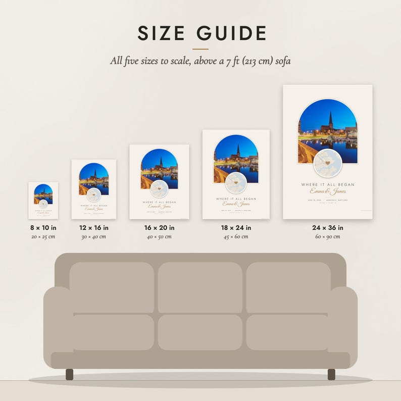 Size guide: 8×10, 12×16, 16×20, 18×24, 24×36 inch prints shown to scale above a sofa