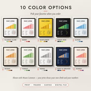 The Cycling Climb Print in all 10 color options, numbered 1 to 10 with their names