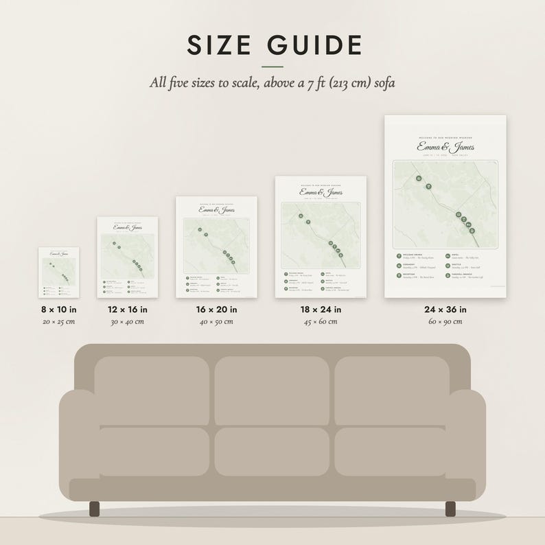 Size guide: 8×10, 12×16, 16×20, 18×24, 24×36 inch prints shown to scale above a sofa