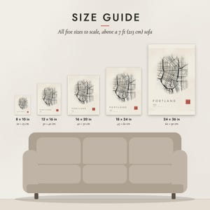 Size guide: 8×10, 12×16, 16×20, 18×24, 24×36 inch prints shown to scale above a sofa