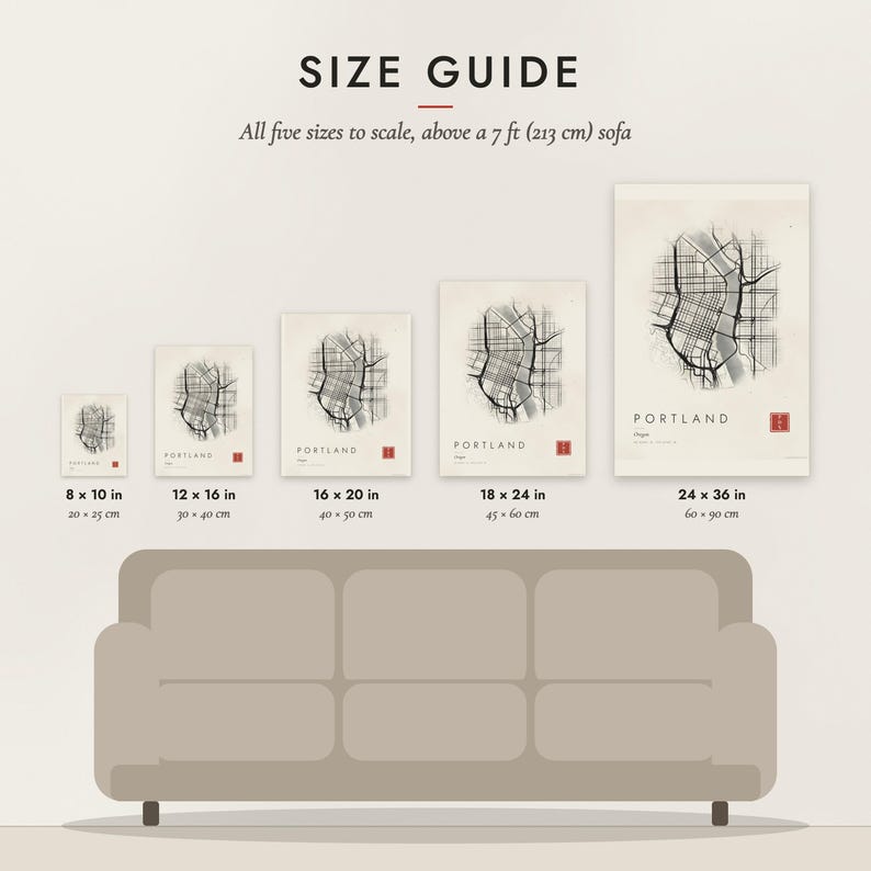 Size guide: 8×10, 12×16, 16×20, 18×24, 24×36 inch prints shown to scale above a sofa