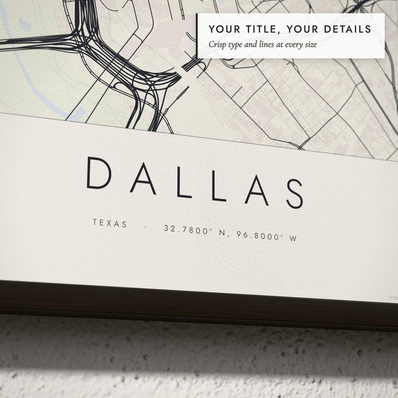 Close-up of the personalized title and details on the Skyline & Street Map print