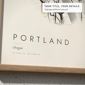 Close-up of the personalized title and details on the Ink Wash City Map print