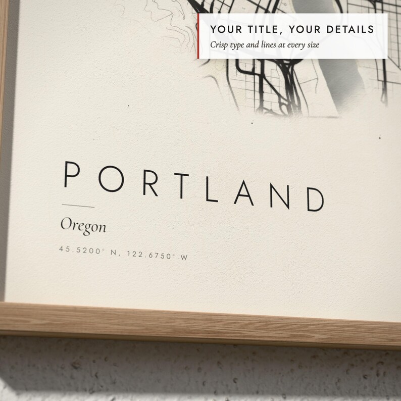 Close-up of the personalized title and details on the Ink Wash City Map print