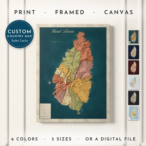 Saint Lucia Map Print, Personalized Saint Lucia Wall Art for Canvas or Poster, Detailed Map with Cities, Heritage Gift, Framed or Canvas