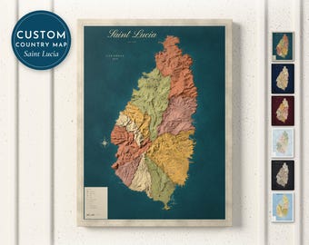 Saint Lucia Map Print, Personalized Saint Lucia Wall Art for Canvas or Poster, Detailed Map with Cities, Heritage Gift, Framed or Canvas