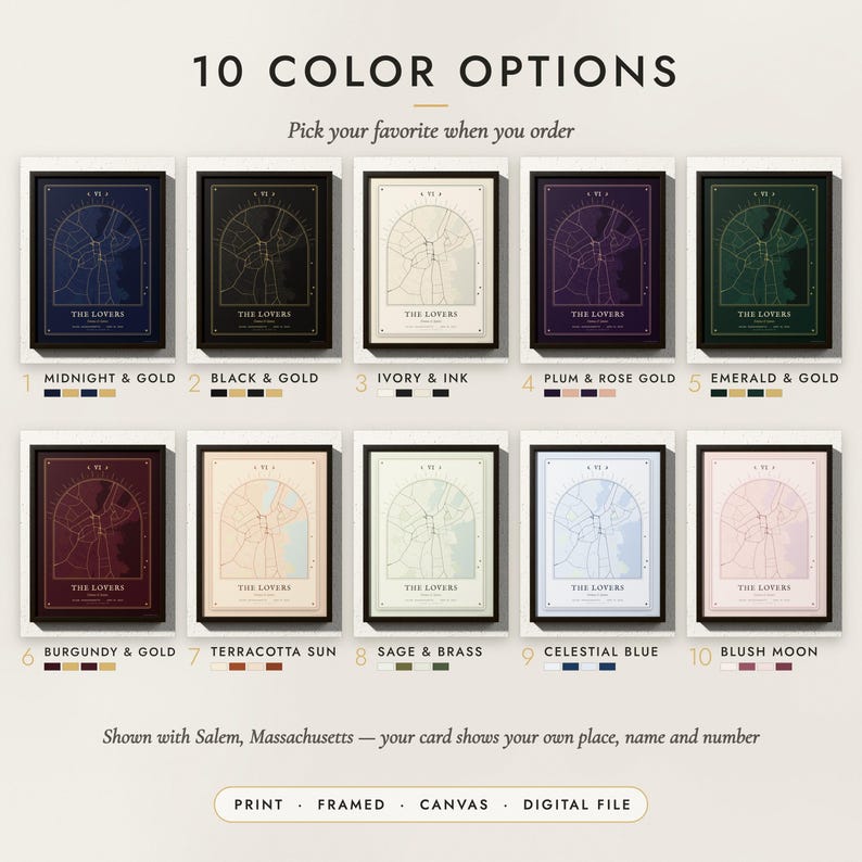 The Tarot Card Map in all 10 color options, numbered 1 to 10 with their names