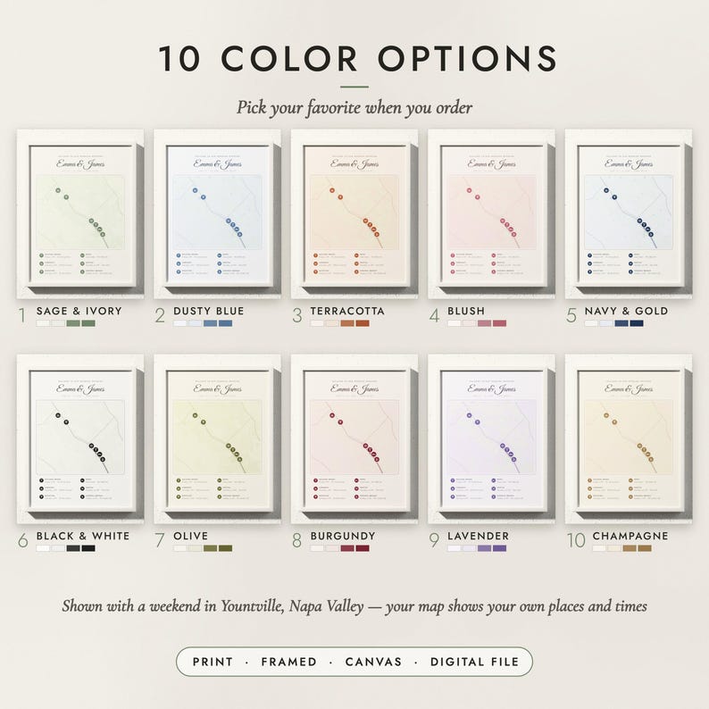 The Wedding Weekend Map in all 10 color options, numbered 1 to 10 with their names