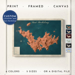 Saint Barthélemy Map Print, Personalized Saint Barthélemy Wall Art, Detailed Map with Cities, Heritage Gift, Framed, Canvas or Digital