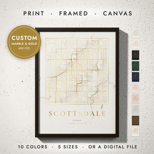 Marble & Gold City Map print in a black frame on a white wall — print, framed, canvas or digital file, 10 colors, 5 sizes