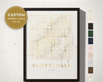 Custom Marble and Gold City Map Print, Gold Foil Look Map, Luxury Wall Art, Glam Decor, Housewarming Gift, Any City, Framed or Canvas Print