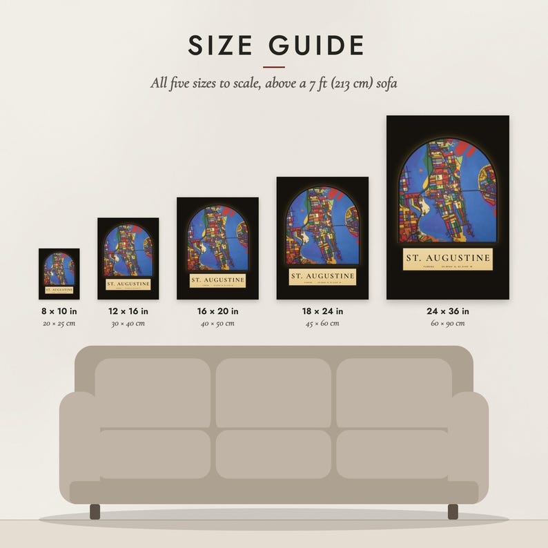 Size guide: 8×10, 12×16, 16×20, 18×24, 24×36 inch prints shown to scale above a sofa