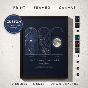 Map, Stars & Moon Print in a black frame on a white wall — print, framed, canvas or digital file, 10 colors, 5 sizes
