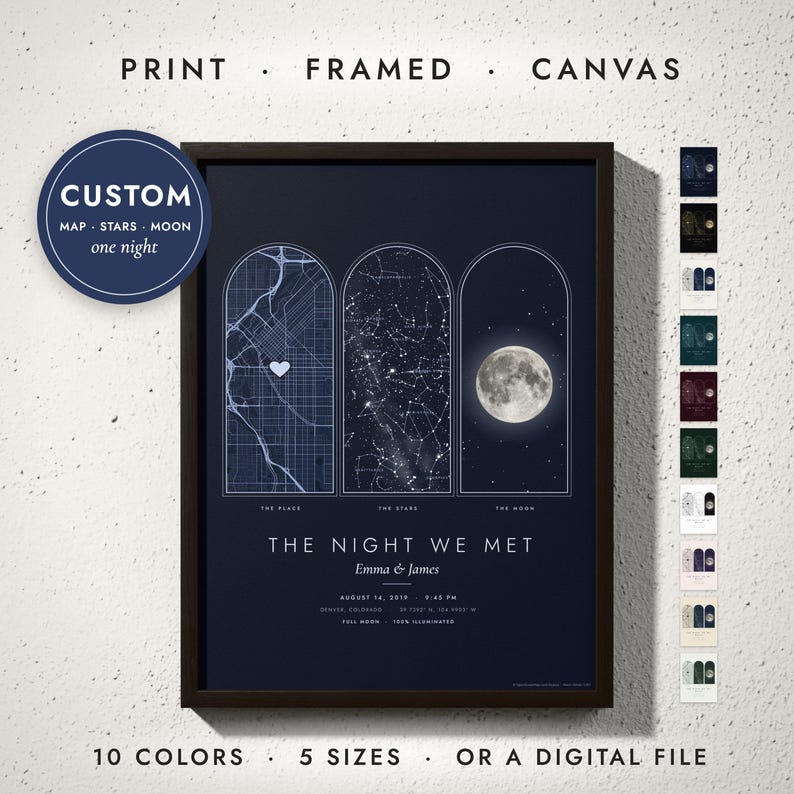 Map, Stars & Moon Print in a black frame on a white wall — print, framed, canvas or digital file, 10 colors, 5 sizes