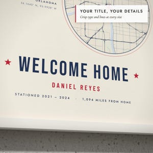 Close-up of the personalized title and details on the Military Homecoming Map print