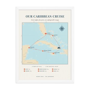 Real product photo: the Custom Cruise Map Print in the white wood frame with a clear acrylic front