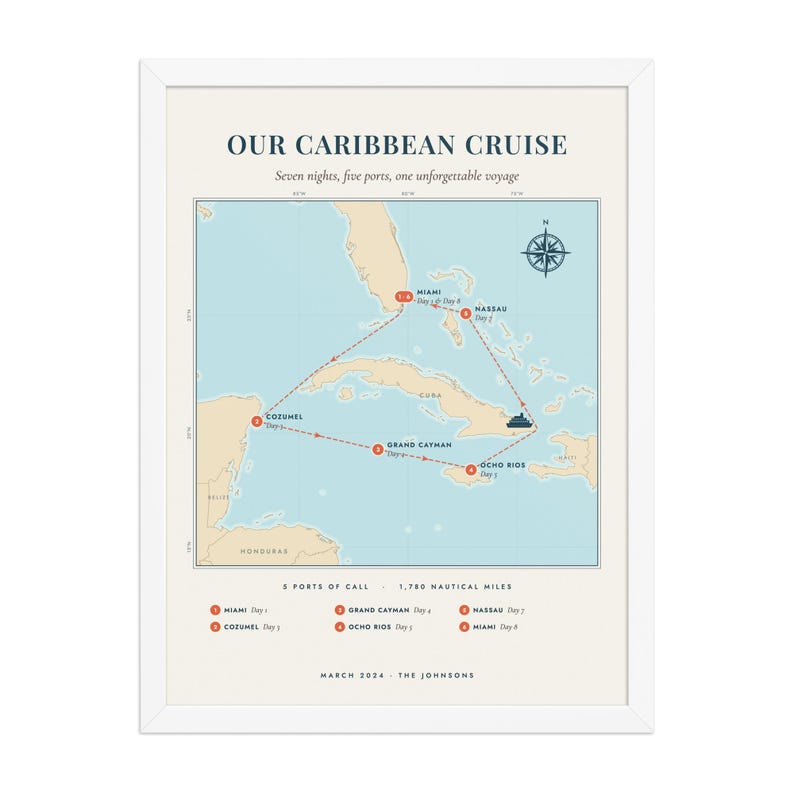 Real product photo: the Custom Cruise Map Print in the white wood frame with a clear acrylic front