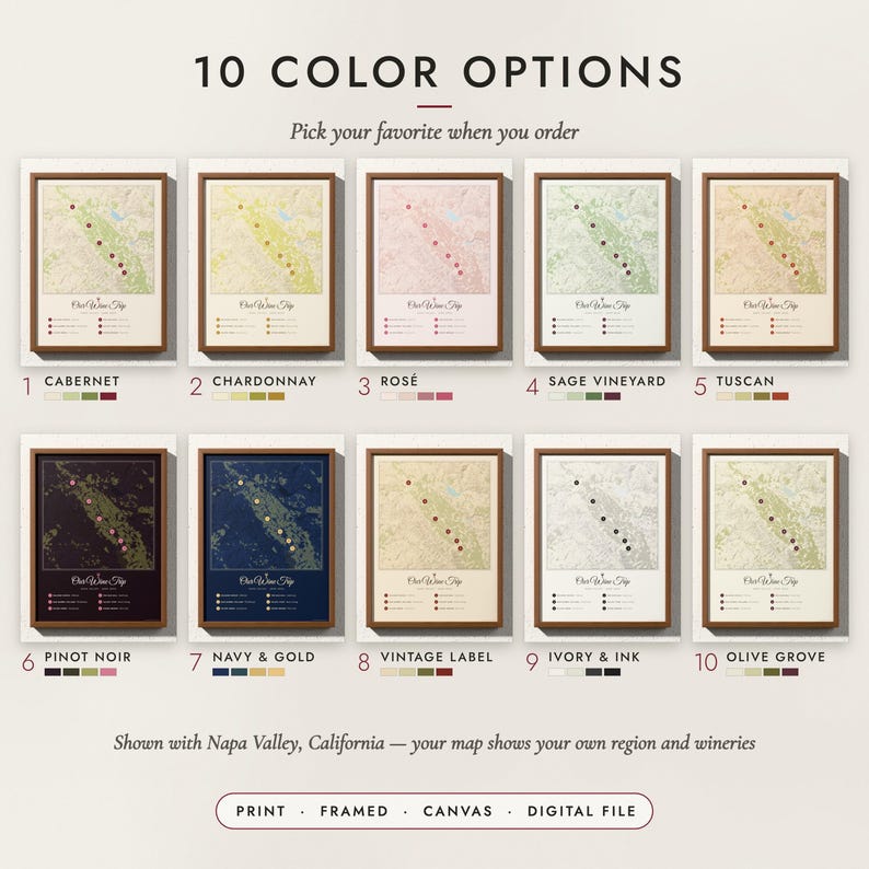 The Wine Country Map in all 10 color options, numbered 1 to 10 with their names