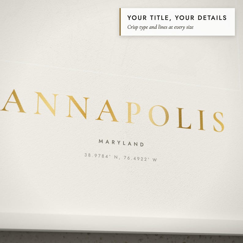Close-up of the personalized title and details on the Embossed City Map print