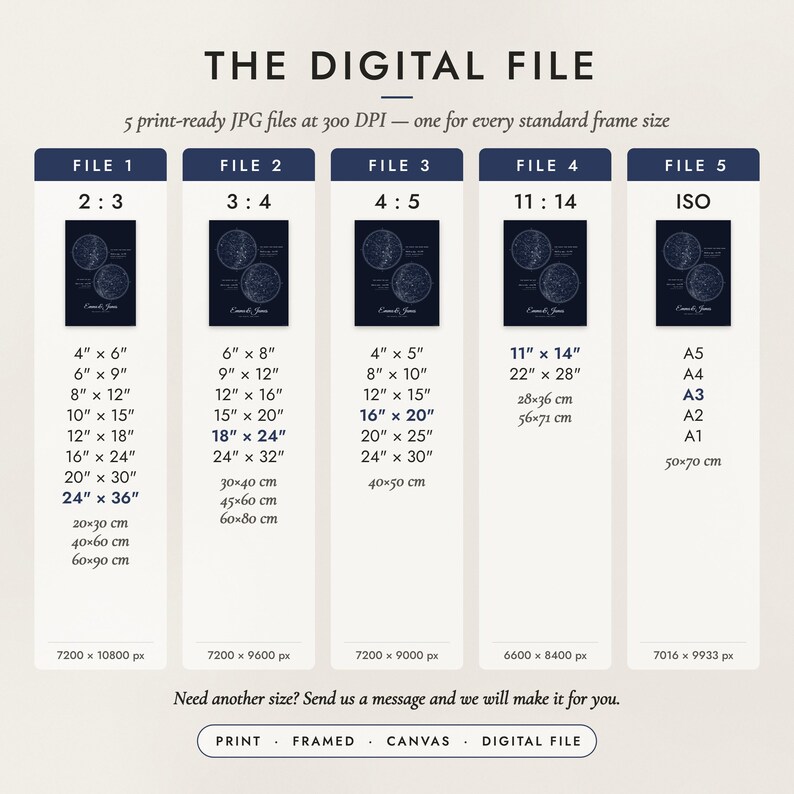 The Digital File option: five print-ready JPG files in 2:3, 3:4, 4:5, 11:14 and ISO ratios at 300 DPI
