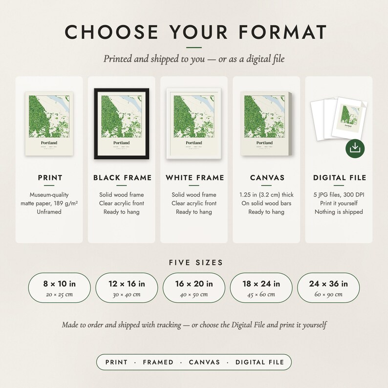 The formats to choose from: matte paper print, black frame, white frame, canvas and the digital file, with the five sizes