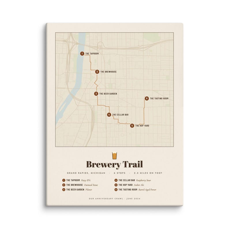 Real product photo: the Custom Brewery Map Print on 1.25 in (3.2 cm) deep canvas, seen from the side
