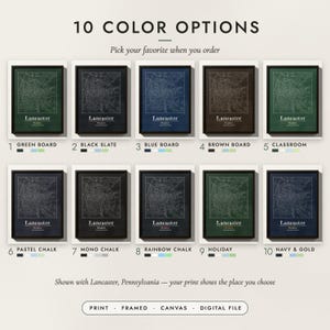 The Chalkboard City Map in all 10 color options, numbered 1 to 10 with their names