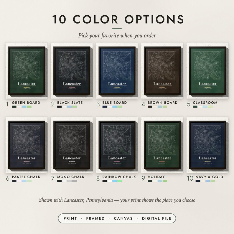 The Chalkboard City Map in all 10 color options, numbered 1 to 10 with their names