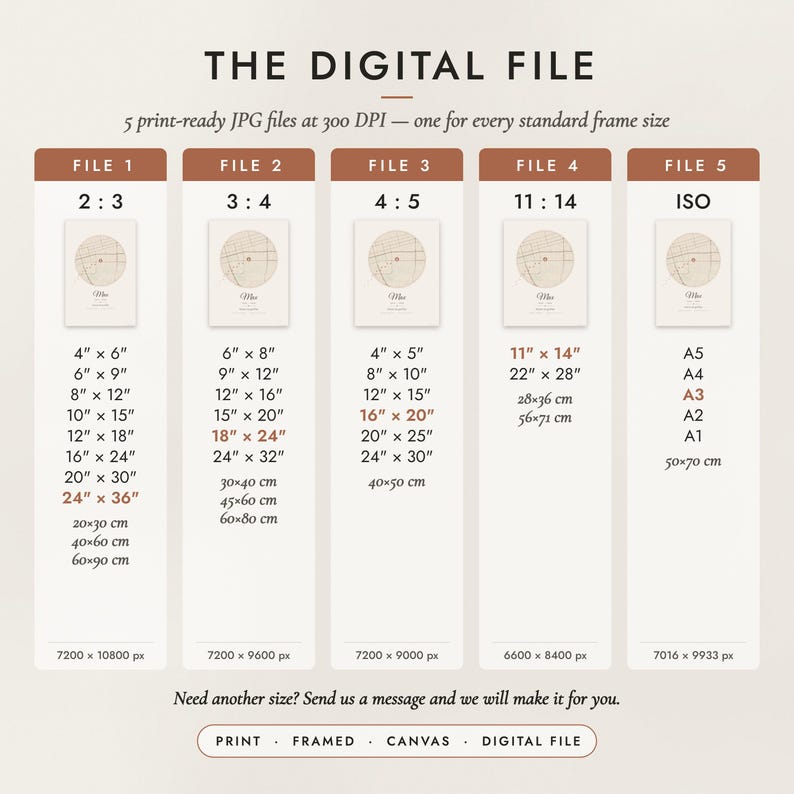 The Digital File option: five print-ready JPG files in 2:3, 3:4, 4:5, 11:14 and ISO ratios at 300 DPI