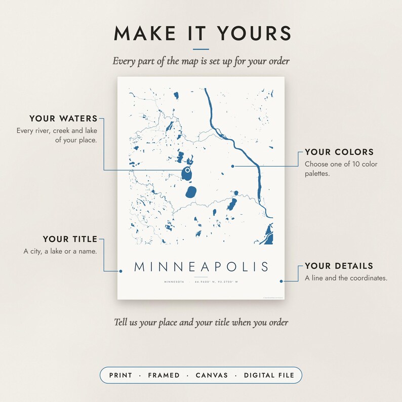 Diagram of what you can personalize: location, colors, title and details