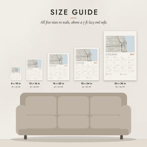 Size guide: 8×10, 12×16, 16×20, 18×24, 24×36 inch prints shown to scale above a sofa