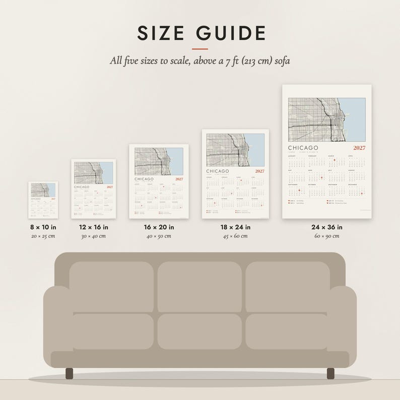 Size guide: 8×10, 12×16, 16×20, 18×24, 24×36 inch prints shown to scale above a sofa