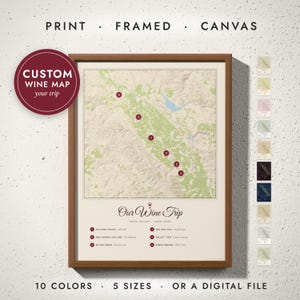 Wine Country Map print in a walnut frame on a white wall — print, framed, canvas or digital file, 10 colors, 5 sizes