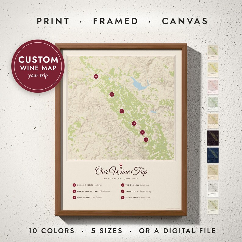Wine Country Map print in a walnut frame on a white wall — print, framed, canvas or digital file, 10 colors, 5 sizes