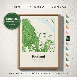Urban Forest Map print in a natural oak frame on a white wall — print, framed, canvas or digital file, 10 colors, 5 sizes