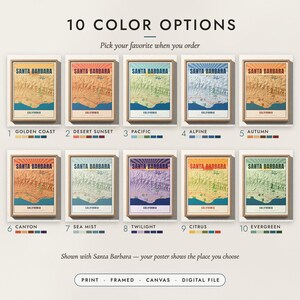 The Vintage Travel Poster Map in all 10 color options, numbered 1 to 10 with their names