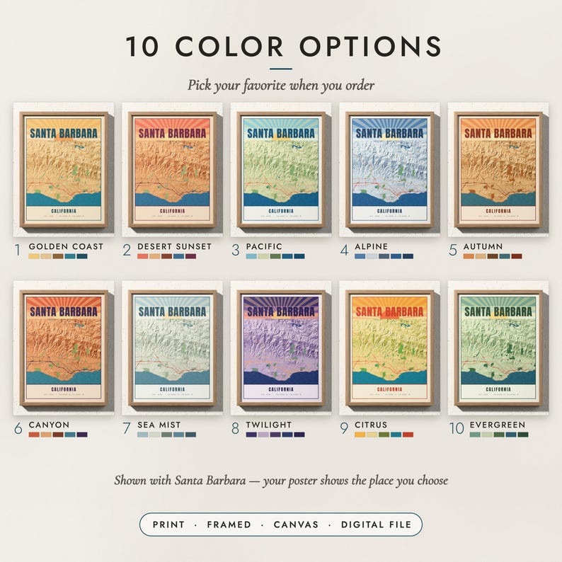 The Vintage Travel Poster Map in all 10 color options, numbered 1 to 10 with their names