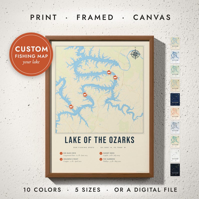 Fishing Lake Map print in a walnut frame on a white wall — print, framed, canvas or digital file, 10 colors, 5 sizes