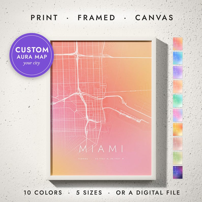 Aura City Map print in a white frame on a white wall — print, framed, canvas or digital file, 10 colors, 5 sizes